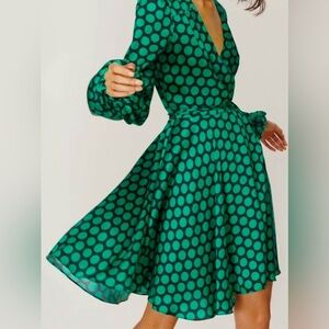 MILLY Green and black polka dot wrap fit and flare dress size L